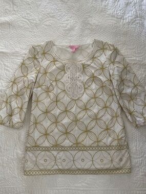 LIlly Pulitzer Off White Gold Embroidery Tunic Top- CS